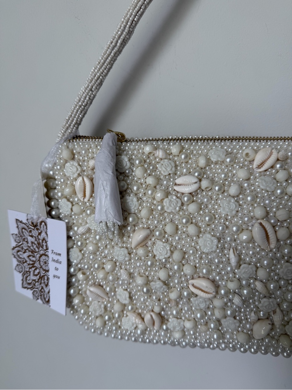 Beaded Cream White Shell Pearl Shoulder Bag - Picture 2 of 5